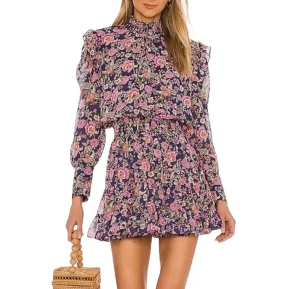 Misa Gianna Floral Mini Dress Large NWT Cottagecore Ruffle High Neck Long Sleeve - Picture 1 of 14